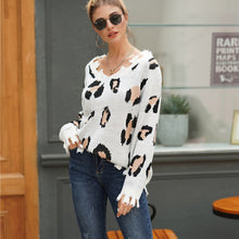 Load image into Gallery viewer, Leopard Print Ripped Sweater Women Sexy V Neck Long Sleeve Loose Fall Sweaters Winter Warm Loose Jumpers Knitted Pullovers