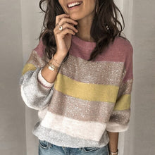 Load image into Gallery viewer, Sexy O-neck Shiny Patchwork Knitted Sweater Women Plus Size Long Sleeve Tops Pullover Fashion Autumn Winter Pull Sweaters Jumper