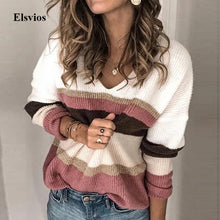 Load image into Gallery viewer, Elsvios Autumn Women Long Sleeve Sweater Winter Warm V-Neck Pullover Tops Casual Patchwork Knitted Sweater Jumper Pull Femme 5XL