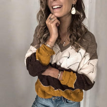 Load image into Gallery viewer, Elsvios Autumn Women Long Sleeve Sweater Winter Warm V-Neck Pullover Tops Casual Patchwork Knitted Sweater Jumper Pull Femme 5XL