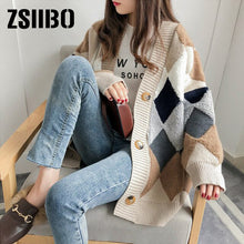 Load image into Gallery viewer, cardigan cardigans Women's Sweaters Autumn Winter fashionable Casual Plaid V-Neck Cardigans Single Breasted Puff Sleeve Loose