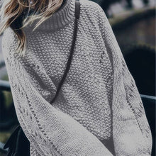 Load image into Gallery viewer, Turtleneck Hollow Out Knit Women's Sweater Pullover 2019 Winter Solid Lantern Sleeve Jumper For Women Crochet Female Sweaters