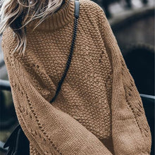 Load image into Gallery viewer, Turtleneck Hollow Out Knit Women's Sweater Pullover 2019 Winter Solid Lantern Sleeve Jumper For Women Crochet Female Sweaters