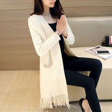 Load image into Gallery viewer, 2019 Women Sweater Elegant long knitting cardigan sweater women jumper Female long sleeve tassel sweater Beige knit sweater