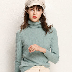 Tangada winter 2019 women Leaves pattern green turtleneck sweater female long sleeve elegant office ladies solid jumpers AQJ11