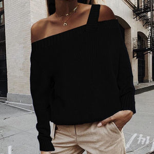 Elegant Women Sweaters and Pullovers 2019 Autumn Off Shoulder Straps Knitted Sweater Casual Long Sleeve Ladies Tops Dropshipping