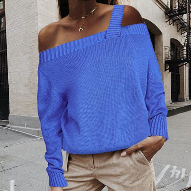 Elegant Women Sweaters and Pullovers 2019 Autumn Off Shoulder Straps Knitted Sweater Casual Long Sleeve Ladies Tops Dropshipping