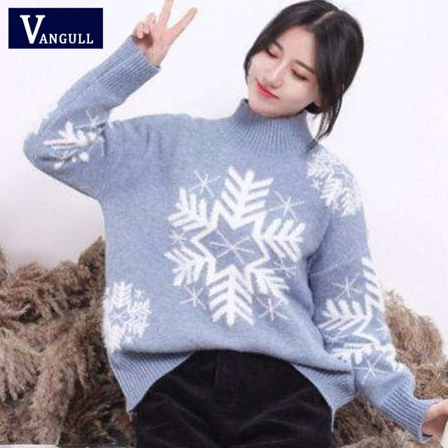 Vangull 2019 New Autumn Winter Women Knitted Sweaters Pullovers Turtleneck Long Sleeve Snow Christmas Slim Elastic Short Sweater