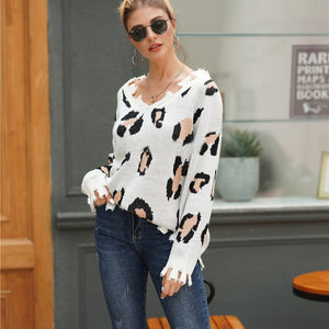 Leopard Print Ripped Sweater Women Sexy V Neck Long Sleeve Loose Fall Sweaters Winter Warm Loose Jumpers Knitted Pullovers