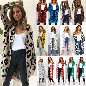 2019 Autumn New Women Leopard Leisure Ins Style Knitted Long Cardigan Long Sleeve Sweater Overcoat Female Lady Outwear Coats