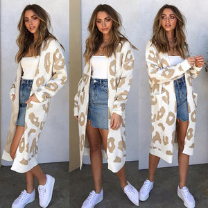 2019 Autumn New Women Leopard Leisure Ins Style Knitted Long Cardigan Long Sleeve Sweater Overcoat Female Lady Outwear Coats