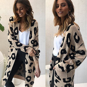 2019 Autumn New Women Leopard Leisure Ins Style Knitted Long Cardigan Long Sleeve Sweater Overcoat Female Lady Outwear Coats