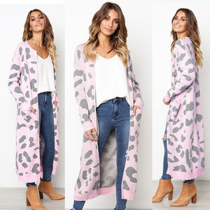 2019 Autumn New Women Leopard Leisure Ins Style Knitted Long Cardigan Long Sleeve Sweater Overcoat Female Lady Outwear Coats