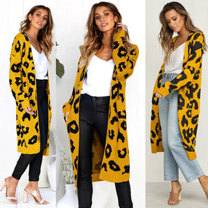 2019 Autumn New Women Leopard Leisure Ins Style Knitted Long Cardigan Long Sleeve Sweater Overcoat Female Lady Outwear Coats