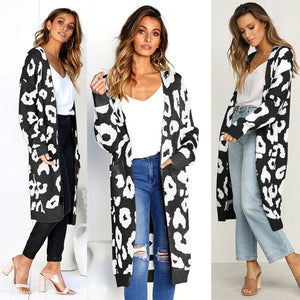 2019 Autumn New Women Leopard Leisure Ins Style Knitted Long Cardigan Long Sleeve Sweater Overcoat Female Lady Outwear Coats