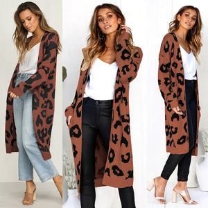 2019 Autumn New Women Leopard Leisure Ins Style Knitted Long Cardigan Long Sleeve Sweater Overcoat Female Lady Outwear Coats