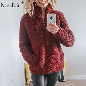 Nadafair 2019 Winter Fluffy Sweater Casual Fleece Warm Oversized Sweater Women Fuax Fur Christmas Pullovers Winter Coat Ladies