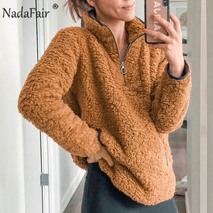 Nadafair 2019 Winter Fluffy Sweater Casual Fleece Warm Oversized Sweater Women Fuax Fur Christmas Pullovers Winter Coat Ladies