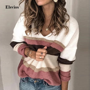 Elsvios Autumn Women Long Sleeve Sweater Winter Warm V-Neck Pullover Tops Casual Patchwork Knitted Sweater Jumper Pull Femme 5XL