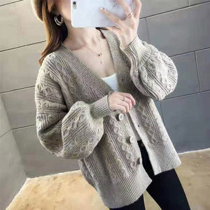 Women's V-neck Twisted Knitted Sweater Cardigan Autumn Winter Pink Cardigans Female 2019 Korean Loose Sweaters Outwear Ladies