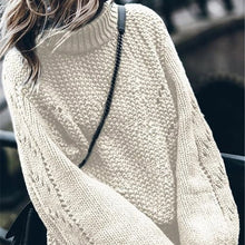 Load image into Gallery viewer, Turtleneck Hollow Out Knit Women&#39;s Sweater Pullover 2019 Winter Solid Lantern Sleeve Jumper For Women Crochet Female Sweaters
