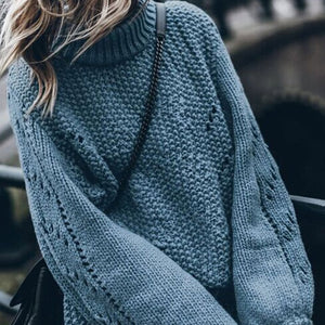 Turtleneck Hollow Out Knit Women's Sweater Pullover 2019 Winter Solid Lantern Sleeve Jumper For Women Crochet Female Sweaters