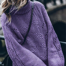 Load image into Gallery viewer, Turtleneck Hollow Out Knit Women&#39;s Sweater Pullover 2019 Winter Solid Lantern Sleeve Jumper For Women Crochet Female Sweaters
