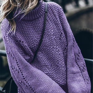 Turtleneck Hollow Out Knit Women's Sweater Pullover 2019 Winter Solid Lantern Sleeve Jumper For Women Crochet Female Sweaters