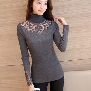 46 Korean winter clothes new slim knitted lace flower dress shirt Lapel sweater F1508