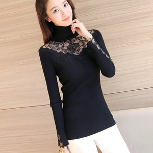 46 Korean winter clothes new slim knitted lace flower dress shirt Lapel sweater F1508