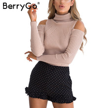 Load image into Gallery viewer, BerryGo Turtleneck cold shoulder pink knitted sweater Women casual cotton striped pullover Female elegant autumn winter jumper
