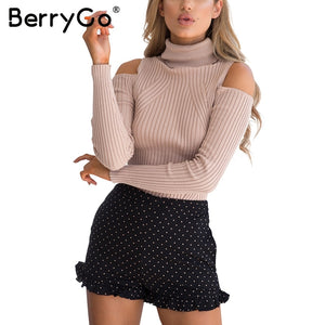 BerryGo Turtleneck cold shoulder pink knitted sweater Women casual cotton striped pullover Female elegant autumn winter jumper