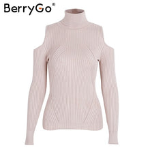 Load image into Gallery viewer, BerryGo Turtleneck cold shoulder pink knitted sweater Women casual cotton striped pullover Female elegant autumn winter jumper
