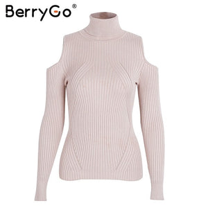 BerryGo Turtleneck cold shoulder pink knitted sweater Women casual cotton striped pullover Female elegant autumn winter jumper