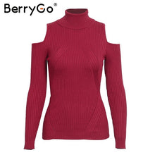 Load image into Gallery viewer, BerryGo Turtleneck cold shoulder pink knitted sweater Women casual cotton striped pullover Female elegant autumn winter jumper
