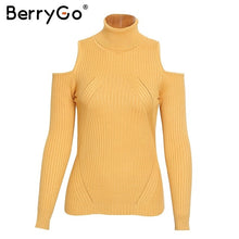 Load image into Gallery viewer, BerryGo Turtleneck cold shoulder pink knitted sweater Women casual cotton striped pullover Female elegant autumn winter jumper
