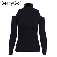 Load image into Gallery viewer, BerryGo Turtleneck cold shoulder pink knitted sweater Women casual cotton striped pullover Female elegant autumn winter jumper
