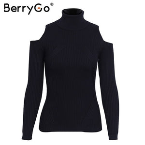 BerryGo Turtleneck cold shoulder pink knitted sweater Women casual cotton striped pullover Female elegant autumn winter jumper