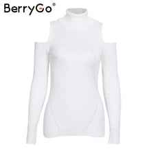 Load image into Gallery viewer, BerryGo Turtleneck cold shoulder pink knitted sweater Women casual cotton striped pullover Female elegant autumn winter jumper
