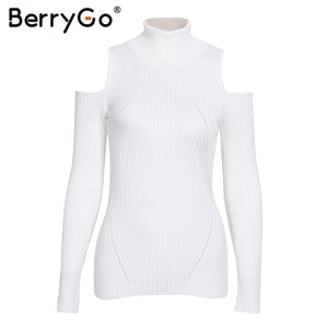 BerryGo Turtleneck cold shoulder pink knitted sweater Women casual cotton striped pullover Female elegant autumn winter jumper