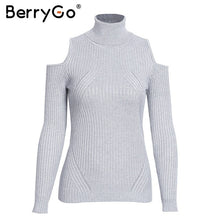 Load image into Gallery viewer, BerryGo Turtleneck cold shoulder pink knitted sweater Women casual cotton striped pullover Female elegant autumn winter jumper
