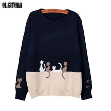 Load image into Gallery viewer, 2019 New Women Sweater Autumn &amp; Winter The Cartoon Cat Small Embroidery Knit Sweater Women Round Neck Long Sleeve
