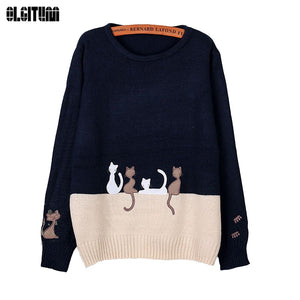 2019 New Women Sweater Autumn & Winter The Cartoon Cat Small Embroidery Knit Sweater Women Round Neck Long Sleeve