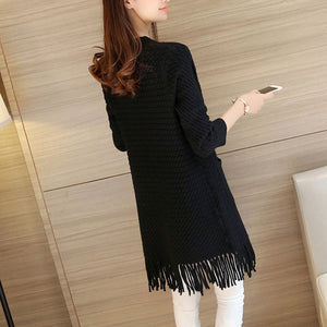 2019 Women Sweater Elegant long knitting cardigan sweater women jumper Female long sleeve tassel sweater Beige knit sweater