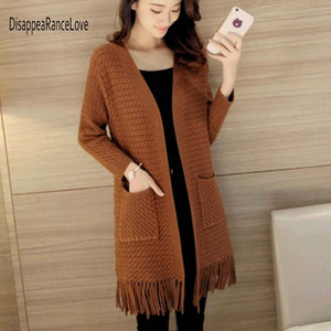 2019 Women Sweater Elegant long knitting cardigan sweater women jumper Female long sleeve tassel sweater Beige knit sweater