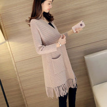 Load image into Gallery viewer, 2019 Women Sweater Elegant long knitting cardigan sweater women jumper Female long sleeve tassel sweater Beige knit sweater
