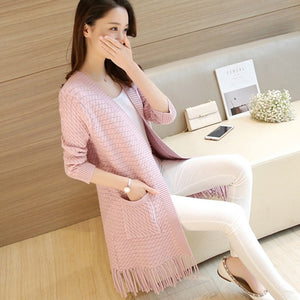 2019 Women Sweater Elegant long knitting cardigan sweater women jumper Female long sleeve tassel sweater Beige knit sweater